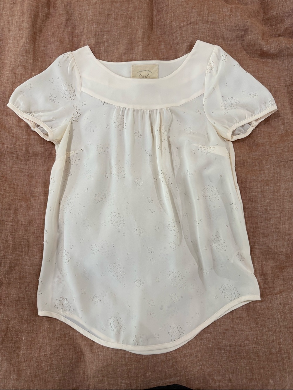 Cream Eyelet Puff-Sleeve Blouse with Scoop Yoke